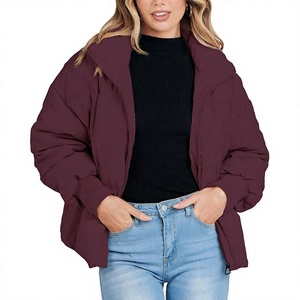 Women's Burgundy <b>Quilted</b> Puffer Jacket Stand Collar Full Sleeve Zipper Closure Winter Short Coat Solid Color <b>Thick</b> Polyester - Product Image 1