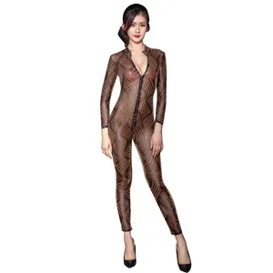 Sexy Langarm Bodysuit Dame transparenten Catsuit Leopard Stram pler Overall 7183