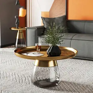 Muebles de moda de lujo de diseño moderno, mesa lateral de café de vidrio con almacenamiento redondo con base de vidrio, top de metal