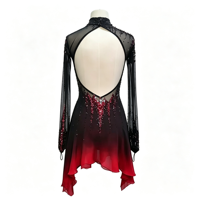 Robe de performance de patinage artistique à col roulé en maille à manches longues, dégradé noir et rouge, avec strass rouges et grand dos ouvert