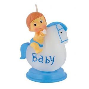Bougie décorative pour enfants H80mm bleu ciel avec motif cheval - Product Image 1