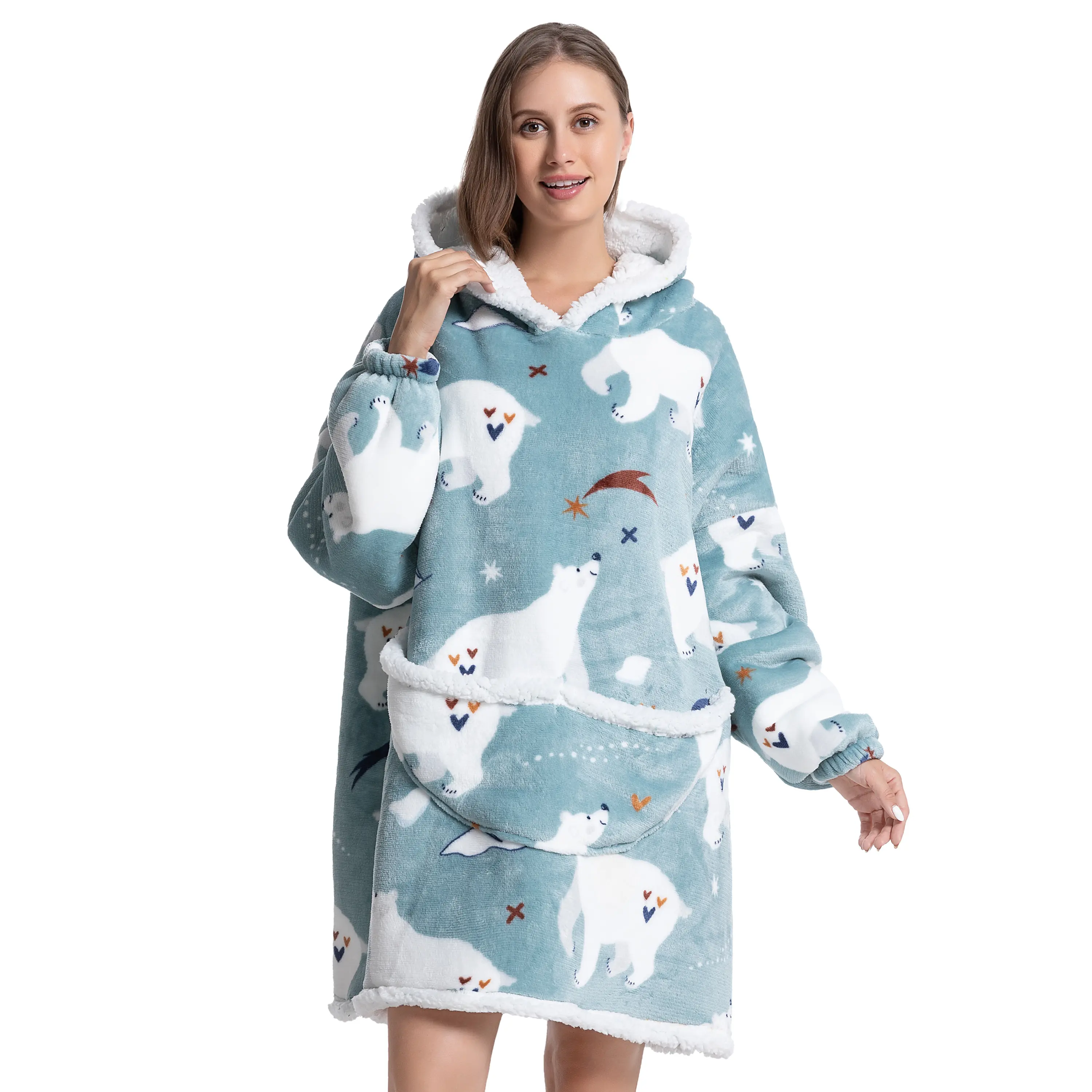 Vente en gros personnalisé surdimensionné flanelle Sherpa peluche polaire ours polaire luxe hiver épais adultes portable couverture à capuche unisexe