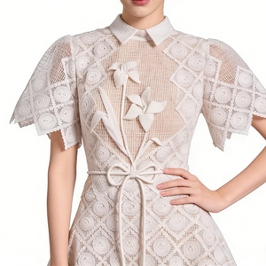 Vestido Midi de Encaje Geométrico para Mujer - Vestidos Formales con Cuello y Apliques Florales en 3D, Moda Femenina - Product Image 4