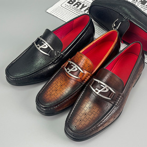 Men <b>Summer</b> Breathable Square Toe Loafers Genuine Leather Slip On Buckle <b>Decorated</b> Casual Shoes - Product Image 1