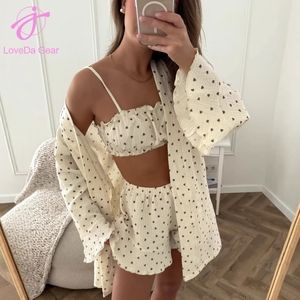 Loveda - Conjunto de Pijama para Mujer, 100% Algodón Suave, Estampado de Corazones, Ropa de Dormir Transpirable, Camiseta de Manga Larga, Pantalones Cortos - Product Image 3