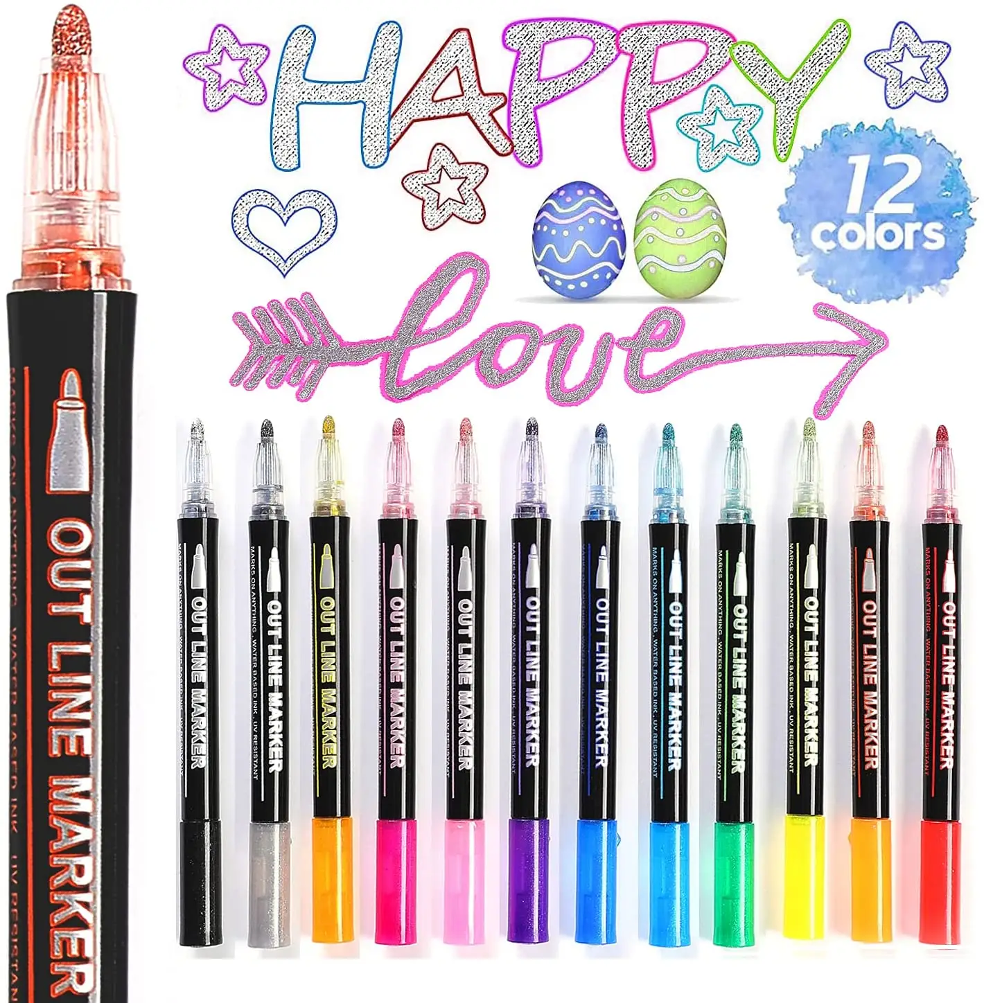 Made outline double line marker pen 24-color outline double line pen sets pigment ink two-line color metal outline marker