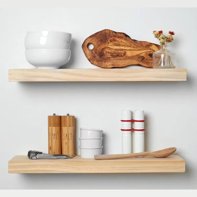 2 Pack Pine Wood Floating Wall Shelves Invisible Bracket Easy Install Wall Mount Shelf for Kitchen Bathroom Home Storage Decor