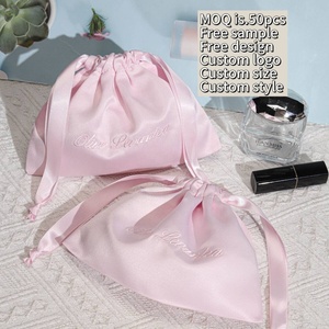 Pochette en satin rose épais de luxe avec cordon de serrage pour rangement de cosmétiques et maquillage, personnalisable avec logo imprimé, idéale pour emballage cadeau de produits capillaires, pochette anti-poussière en soie satinée - Product Image 2