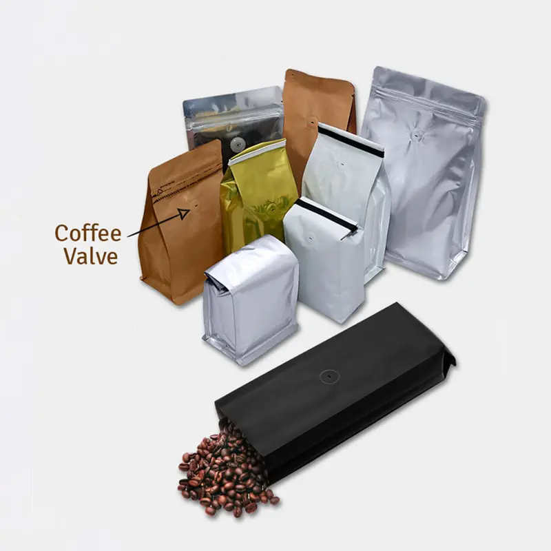 Sac d'emballage à fermeture éclair, pochette kraft à fond plat, sac d'emballage de café avec valve, vente en gros, unités