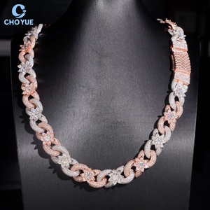 Collar de eslabones cubanos floral bicolor rosa y plateado con micro pavé de piedras redondas, joyería llamativa estilo hip hop para raperos, directo de fábrica - Product Image 5