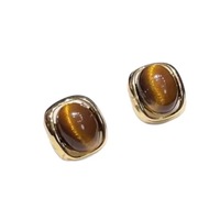 Orecchini a Perno Rotondi Vintage Marroni per Donne e Ragazze, Eleganti Orecchini in Metallo Geometrico con Pietra Occhio di Tigre, Gioielli Regalo