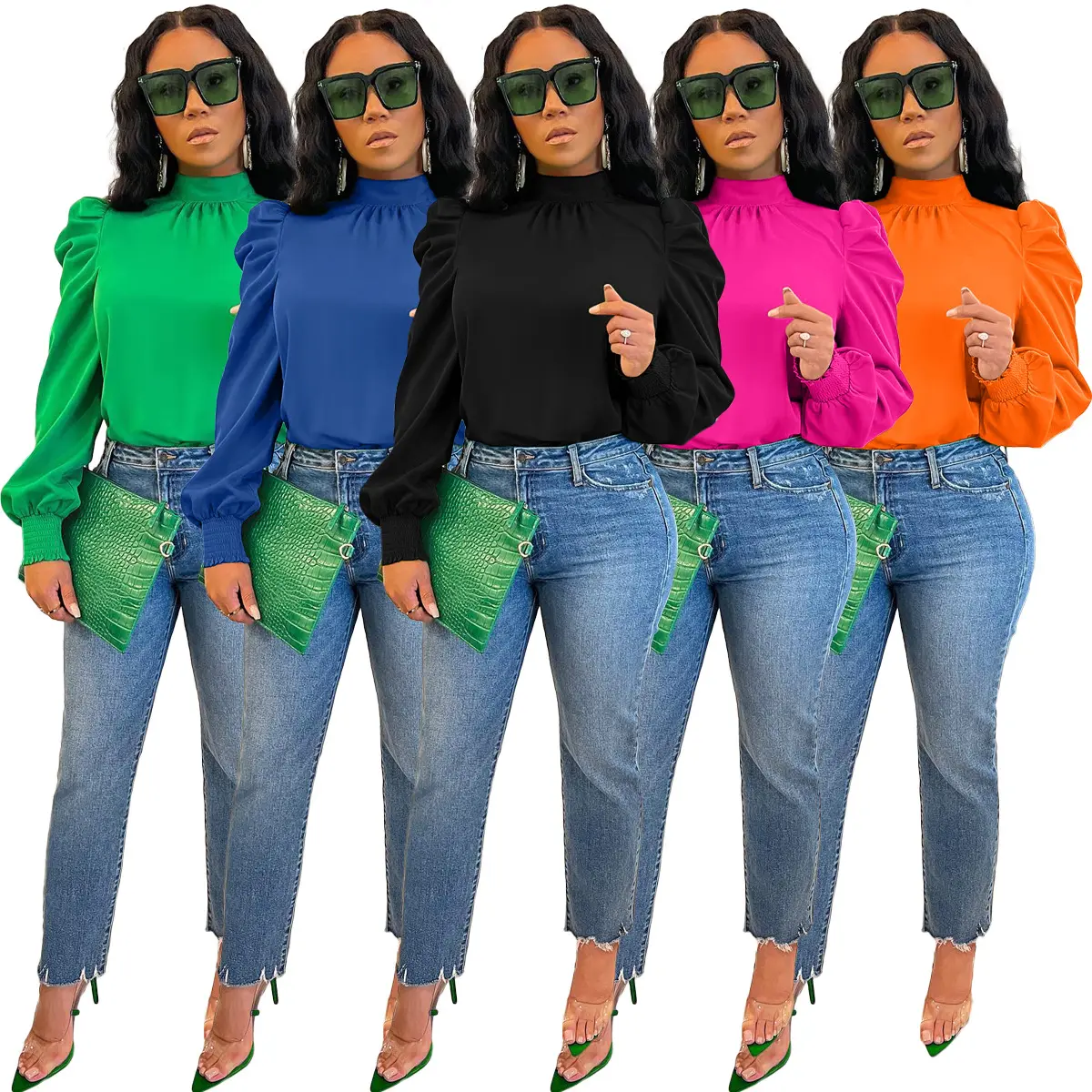 2023 tendencia señora Casual Color sólido cuello alto blusa manga abullonada espalda con cordones Tops blusas de Mujer Camisas