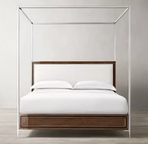 厂家直销平台实木面板框架特大床顶篷卧室家具金属腿木床