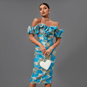 Ultimi Modelli 2022: Elegante <span class=keywords><strong>Abito</strong></span> Estivo <span class=keywords><strong>con</strong></span> Spalle Scoperte, Senza Maniche, Jacquard, Aderente, <span class=keywords><strong>con</strong></span> <span class=keywords><strong>Spacco</strong></span>, Lunghezza <span class=keywords><strong>Midi</strong></span> per Donna - Product Image 3