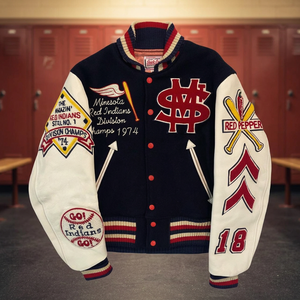 Minnesota Red Indians 1974 <b>Vintage</b> <b>Varsity</b> <b>Jacket</b> Unisex Embroidered Patchwork Woolen Sleeve Baseball Winter Stand Collar - Product Image 3