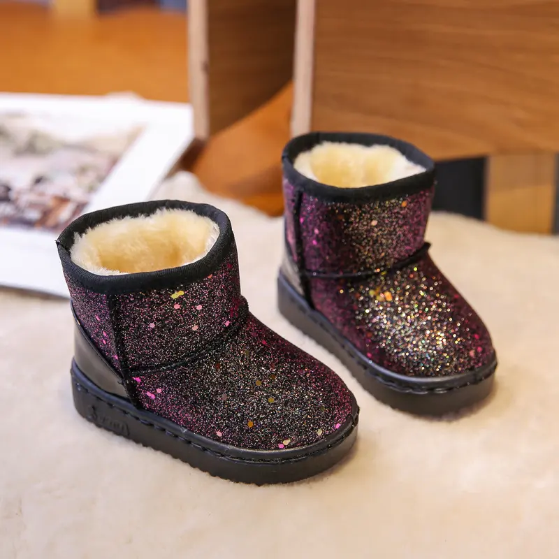 New Children's Winter Girls Cotton Shoes Plus Velvet Thermal Children Snow Boots Toddler sequins glittering boots Warm Shoes