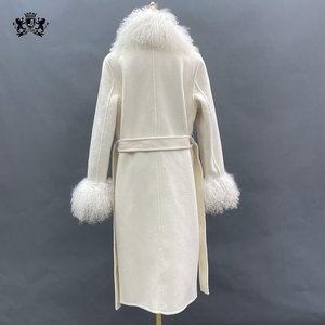 Abrigo de lana largo Janefur para mujer, abrigo de Cachemira de doble cara a la moda con cuello y puños de piel de cordero mongol - Product Image 4