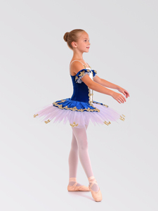 Costumes de danse de ballet en tulle blanc avec appliques dorées en velours bleu royal, nouveaux modèles Anna Shi - Product Image 2
