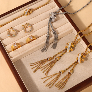 Licai gai dây bện tua vòng cổ với Zirconia Vòng đeo tay, nhẫn và bông tai 18K vàng-mạ thép không gỉ trang sức Set - Product Image 2