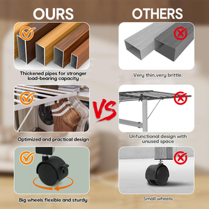 Séchoir à linge pliable en métal de haute qualité avec roulettes, pinces <span class=keywords><strong>et</strong></span> pieds aspect <span class=keywords><strong>bois</strong></span>, support de séchage pour intérieur <span class=keywords><strong>et</strong></span> extérieur, <span class=keywords><strong>noir</strong></span> - Product Image 4