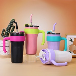 Gobelet à café isotherme de 860 ml avec poignée, corps rayé en acier inoxydable, paille métallique réutilisable, grande tasse de voyage sous vide - Product Image 5