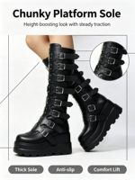 Bottes mi-mollet gothiques punk pour femme, avec plateforme, multi-boucles métalliques, fermeture éclair latérale, rehaussantes, tendance, vente en gros