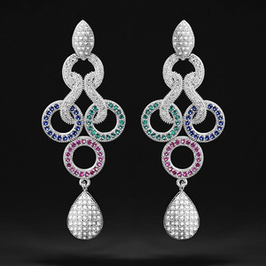 ต่างหูทรงโคมระย้าสำหรับผู้หญิง ดีไซน์ทันสมัย ประดับเพชรซิร์คอนหลากสี รูปทรงเรขาคณิต ชุบเงิน ผลิตจากโลหะผสม เหมาะสำหรับงานปาร์ตี้ ดีไซน์ทรงลูกแพร์ ประดับเพชรเม็ดเล็ก - Product Image 3