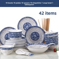 Jingdezhen Blauw Wit Porseleinen 10-Persoons Schaal- en Bordenset Rijst Groente Soepkom Eenvoudige Chinese Stijl Plantenpatroon Combinatie