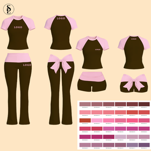 Kadın Giyim Özel Logo Yoga Takımı Pamuklu Uzun Boylu Kadınlar İçin Uygun Kemerli Fiyonk Tasarımlı Kısa Kollu İspanyol Paça Pantolon Ev Giysisi 2 Parça Takım - Product Image 1