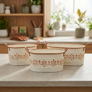 Ensemble de 3 pots de style farmhouse en émail - Fer galvanisé durable et léger pour la maison et le jardin - Product Image 3