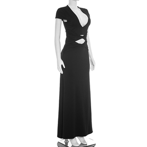 Vestido Casual Elegante para Mujer Viviblook C26DS262, Color Sólido, Manga Corta, Escote en V Profundo, Corte Ajustado, Estilo Maxi - Product Image 2