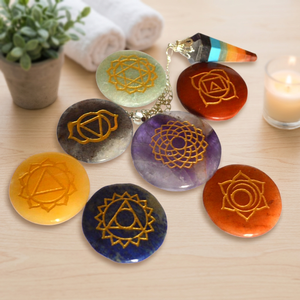 Engraved <b>Chakra</b> Disc Kit Gemstone Circle Reiki Healing Stones Carved Symbols Energy Balancing Love Theme Gujarat - Product Image 3