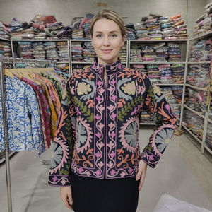Women's Hand Embroidered Floral Mandarin Collar <b>Blazer</b> Full Sleeve Breathable Autumn Woven <b>Velvet</b> Jacket - Product Image 1