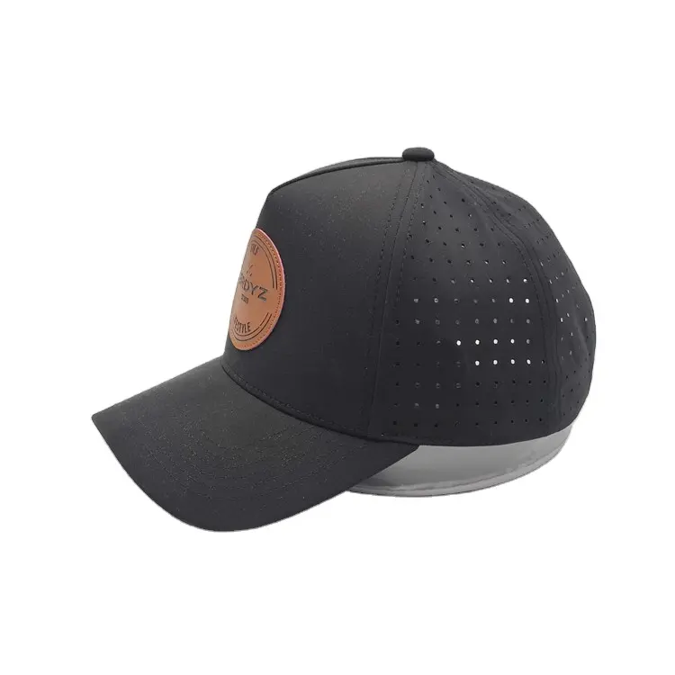 Remendo do logotipo da corda do logotipo de couro personalizado 5 painéis snapback chapéu laser perfurado