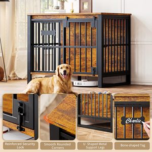 Cage pour chien en bois SENYU, style meuble, avec porte métallique verrouillable et rangement supérieur, pour chiens de grande taille, utilisation intérieure - Product Image 4
