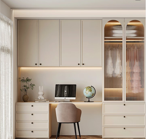 Armoire d'angle moderne en bois massif avec <span class=keywords><strong>bureau</strong></span> <span class=keywords><strong>intégré</strong></span>, coiffeuse en L, portes coulissantes, hauteur réglable, rangement pour <span class=keywords><strong>dressing</strong></span> - Product Image 6