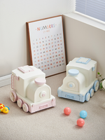Boîte de rangement rectangulaire portable en PP écologique, anti-poussière, en forme de petit train bleu, pour chaussures, vêtements, maison, bureau, école