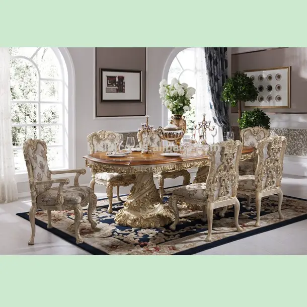 Baroque Antique Style Italian Dining Table, 100% Solid Wood Italy Style Luxury Dining Table Set