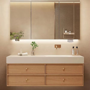 Diprie Armoire de salle de bain tout-en-un de style moderne Plaque de roche incurvée chaude Nouveau style Table de lavabo de <span class=keywords><strong>toilette</strong></span> Couleur bois originale - Product Image 1