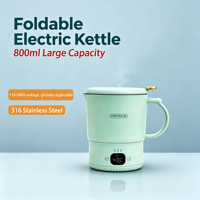 Bouilloire électrique de camping 800 ml, portable, pliable, en acier inoxydable, avec contrôle de la température et arrêt automatique
