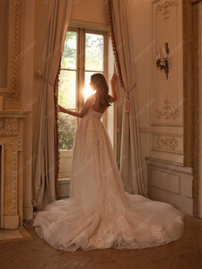 Phụ nữ bên khe sáng bóng long lanh vải tuyn đính cườm ren không tay sang trọng biện pháp để mặc váy cưới - Product Image 3