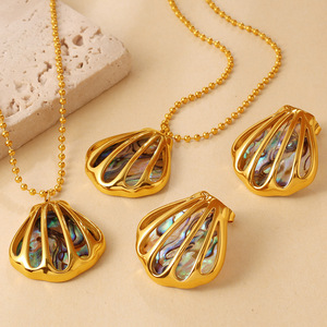 Ensemble de boucles d'oreilles et collier en forme de coquille, en acier inoxydable plaqué or 18 carats, bijoux de fête pour femmes - Product Image 2