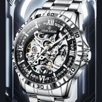 Montre mécanique automatique de luxe pour homme, squelette, lumineuse, étanche, en acier inoxydable, chiffres romains