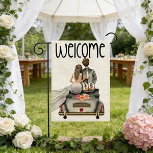 Bandiera da Giardino 'Benvenuti Sposi' con Sposa e Sposo, Bandiera per <span class=keywords><strong>Auto</strong></span> Nuziale, Decorazione per Festa di Matrimonio all'Aperto - Product Image 1