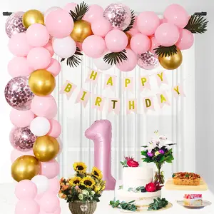 Kit de festa de aniversário de 1 ano, decoração de balão rosa e dourado, bainha arqueada