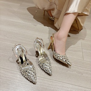 Zapatos de tacón alto de charol hueco para mujer, con punta fina, cristales de imitación, dorados y plateados, sandalias de tacón de aguja a la moda - Product Image 5