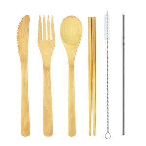 Personalizzato eco-friendly 100% bambù naturale materiale in fibra di legno riutilizzabile campeggio viaggio forchetta cucchiaio posate <span class=keywords><strong>Set</strong></span> con paglia - Product Image 2
