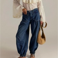 Pantalon Ballon Plissé en Jean de Coton Taille Moyenne Ample Jambe Large Style Bohème Chic Français Printemps 2026 Vente en Gros
