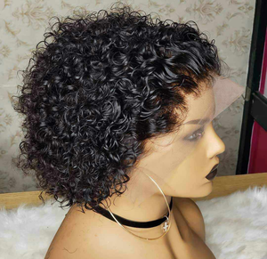 Prix de gros <span class=keywords><strong>13x1</strong></span> dentelle coupe lutin perruque Remy cheveux bouclés perruque courte dentelle transparente pour les femmes noires - Product Image 5