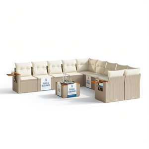 Ensemble de canapés de jardin beige en rotin, mobilier d'extérieur avec coussins, 6 places, design contemporain - Product Image 1